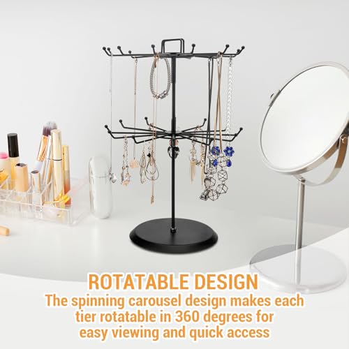 MyGift 2 Tier Black Metal Rotating Necklace tree stand for vendor & bracelet holder Jewelry Stand with 24 Hooks, Multipurpose Accessory and Keychain Spinning Display with Top Handle Card organizer - color: Black (2 Tier)