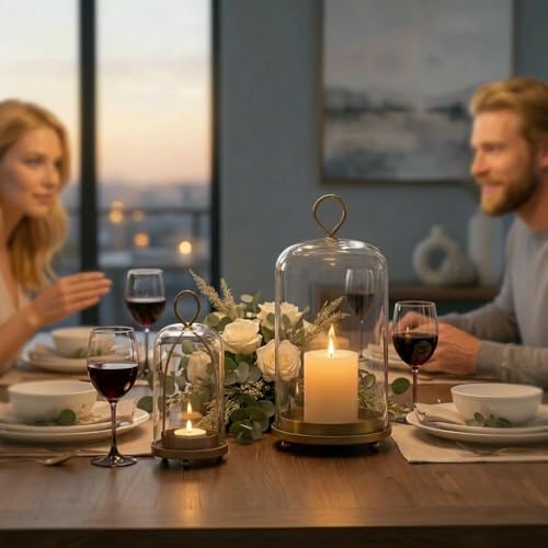 Hurricane Glass Candle Holders Set (5.1"×11.2" & 4.3"×7.7"), Metal Candle Holder with Hook Chains, Handmade Cloche Glass Dome & Antique Brass Candle Holder, for Pillar Candles, Floral Arrangements