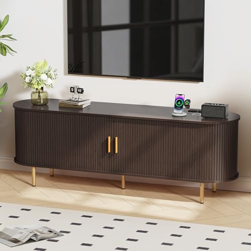 DHH 63 Inch Mid Century Modern TV Stand with Power Outlet for TVs up to 70 Inch, Entertainment Center with Storage and Adjustable Shelves, Media Console with Sliding Doors for Living Room(Dark Walnut) - color: Dark Walnut, size: 63 Inch