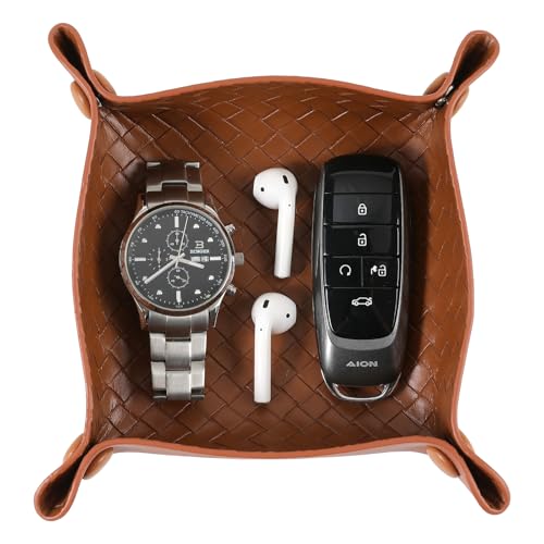 KINIVA PU Leather Jewelry Valet Tray for Men Women,Small Key Bowl for Entryway Table,Portable Travel Catchall Dice Tray (Square-Brown-2pcs) - style: Square-Brown-2pcs