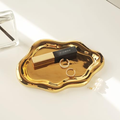 Jewelry Dish Trinket Tray for Women, Ring Dish Holder, Unique Cloud Shape Ceramic Plate Cute Things Vanity Aesthetic Room Decor Mother's Day Birthday (Gold) - color: Gold