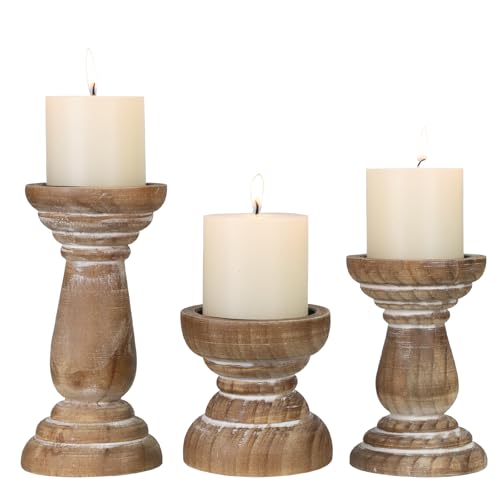 Candle Holder for Pillar Candle Set of 3, Farmhouse Wood Candle Holder, Rustic Wooden Candle Stand, Vintage Small Wooden Candlestick HoldersDecorative for Living Room, Table Centerpiece (Brown) - color: Washedbrown, size: Set of 3