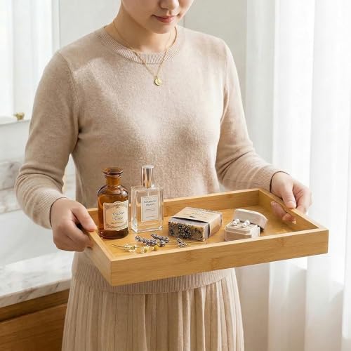 Perfume Plate Tray with Handle - Natural Bamboo Wood Display Tray for Dresser, Coffee Table, or Bathroom, 11.4x7.9 Inches, Jewelry and Perfume Organizer (1, Natural) - color: Natural