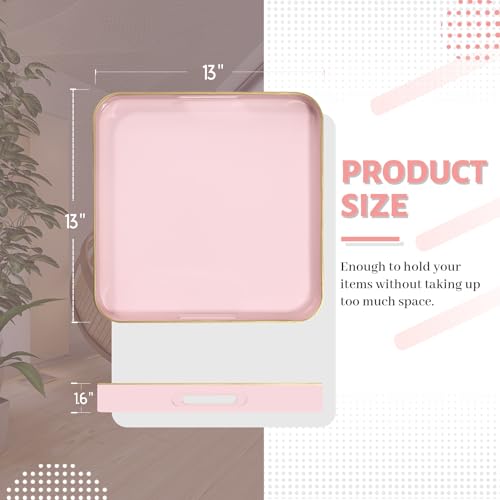 MAONAME 13" Pink Decorative Tray, Serving Tray with Metal Handles, Square Plastic Trays for Ottoman, Modern Coffee Table Trays for Living Room, Bathroom - color: Pink, size: 13" x 13" x 1.6"