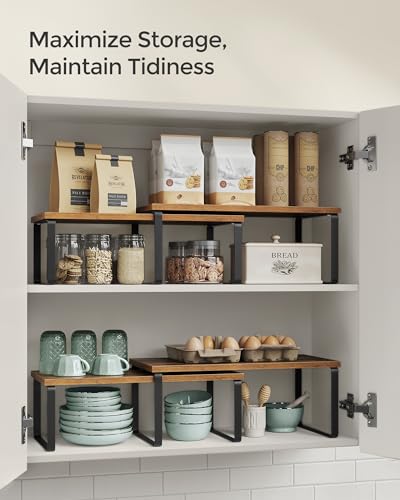 SONGMICS Cabinet Organizer Shelf, Set of 2 Kitchen Counter Shelves, Kitchen Storage, Spice Rack, Stackable, Expandable, Metal and Engineered Wood, Ink Black and Rustic Brown UKCS200X01 - color: Ink Black + Rustic Brown, size: 15.6"W