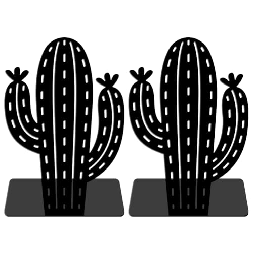 WADORN Cactus Metal Bookends for Shelves Decorative 1 Pair, Cactus Plant Heavy Duty Books End Support Non-Skid Book Holder Black L-Shaped Book Stopper for Home Office Desk Book Divider, 4.7x3.5x7 Inch - color: Cactus
