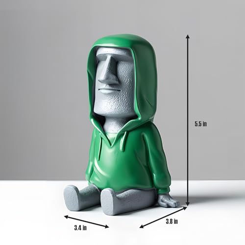 Moai Statue Phone Holder - Creative Easter Island Desk Stand for Cell Phone & Pen, Resin Desktop Organizer with Green Hoodie Design for Office Home Decor - color: Gray