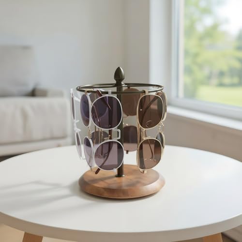 Sunglasses Stand with Jewelry Tray Base, 12 Pairs Eyeglass Holder Rack, Glasses Organizer for Entryway Bedroom Dresser, Countertop Sunglasses Display for Home Decor (Wood+Black) - color: Wood+Black