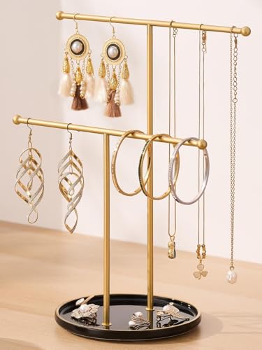 Gold Jewelry Holder Stand with Ceramic Tray: Small Hanging Necklace Organizer Tree for Earrings, Bracelets, Rings – Jewelry Display Hanger for Women & Girls, Black - color: black tray gold bar