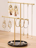 Gold Jewelry Holder Stand with Ceramic Tray: Small Hanging Necklace Organizer Tree for Earrings, Bracelets, Rings – Jewelry Display Hanger for Women & Girls, Black - color: black tray gold bar