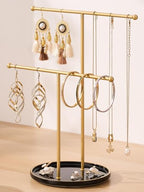 Gold Jewelry Holder Stand with Ceramic Tray: Small Hanging Necklace Organizer Tree for Earrings, Bracelets, Rings – Jewelry Display Hanger for Women & Girls, Black - color: black tray gold bar