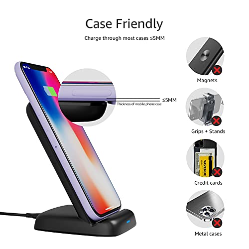 Amazon Basics 10W Qi Certified Wireless Charging Stand for Phone 16/15/14/13/12/11/X, Samsung, and More, with USB Cable, Black (No AC Adapter)