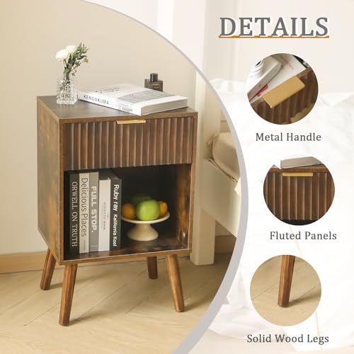 Fultyle Mid Century Modern Nightstand, Wood Bedside Table with Drawer and Opening Storage, End Table Living Room Fluted Night Stand with Solid Wood Legs for Bedroom (Rustic Brown) - color: Rustic Brown