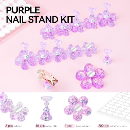 Nail Stand for Press On Fake Nails Painting Display Practice, Powerful Magnetic Nail Holder for Design, Flower Nail Stand with 200 PCS Double-Sided Tapes, Nail Tools for Home Salon - color: Purple Flower, size: Medium