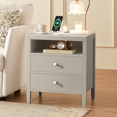 Huuger Grey Nightstand Set of 2, Night Stand with Charger Station, Bedside Table with 2 Drawers, Bed Side Tables for Bedroom, Modern Nightstands, Metal Knobs, Painted Surface - color: Grey