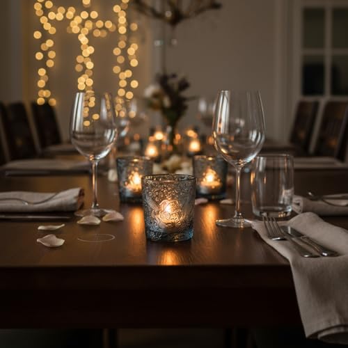 12 Pack Hummingbird Embossed Glass Candle Holders – Votive Tealight Holders with Patent Design, Decorative Embossed Glass Cups for Wedding Centerpieces, Parties, and Home Décor (Smoky Quartz) - color: Smoky Quartz