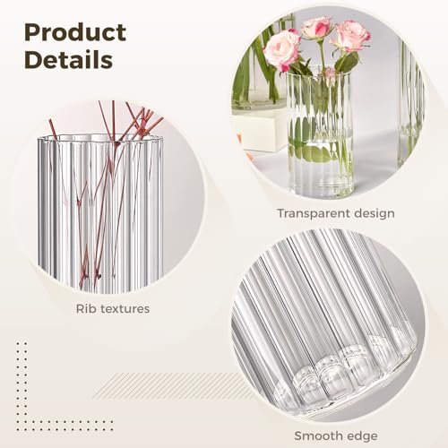 18 PCS Ribbed Hurricane Glass Candle Holders Bulk - Transparent Cylinder Candle Holders for Pillar Candles, Decorative Candle Hurricane Vases for Centerpieces Wedding Table Decorations