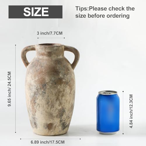 Ceramic Rustic Vase, 9.6 Inch Terracotta Rustic Vase with 2 Handles, Decorative Pottery Flower Vase for Home Decor, Living Room, Shelf Decor, Wedding, Table Decoration - color: 110-1-9.6in