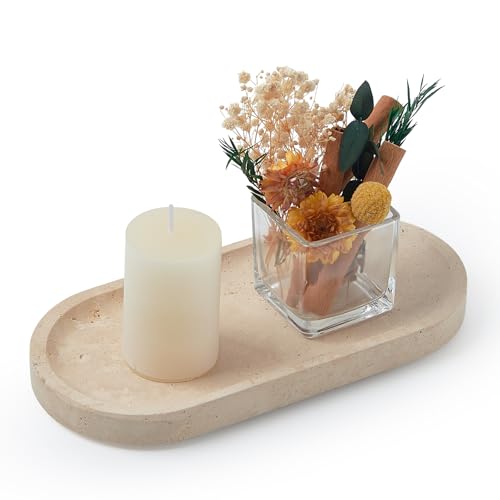 Travertine Tray, Marble Tray for Bathroom countertop,Non-Ceramic/Non-Resin，Stone for Storing Perfume, Cosmetics and Jewelry 9.8 * 4.7inch （Travertine） - color: Travertine, size: 9.8" x 4.7" x 0.7"
