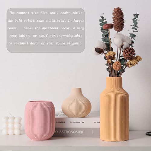 Ceramic Vase Set of 3, Vases Home Decor Modern Minimalist Decor Pottery Boho Vases for Pampas Grass Dried Fresh Flowers, Bookshelf, Shelf, Bedroom, Entryway Mantel Decor(Pink+Light Yellow+Orange) - color: Multicolor