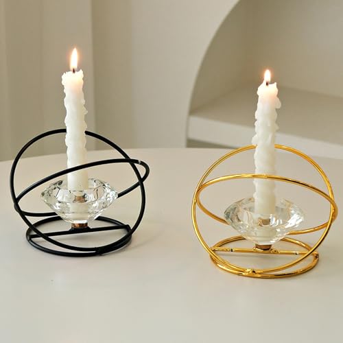 Modern Geometric Candle Holder – Metal & Crystal Design for Taper and Tealight Candles – Tabletop Home Decor (Candle Not Included) (Black) - color: Black