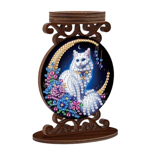 ARTopet DIY Diamond Art Painting Candlestick Holders Wooden Desk Candle Holder Ornament Double Sided Diamond Tabletop Ornaments for Home Decor-White Cat - color: White Cat