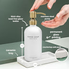 Vine Creations Glass Soap Dispenser Set, Kitchen Soap Dispenser Set with Ceramic Tray, 16 oz Dish Soap and Hand Soap Dispenser Set with Stainless Steel Pump Decor (White Bottle/Brushed Brass) - color: White Bottle / Brushed Brass Pump