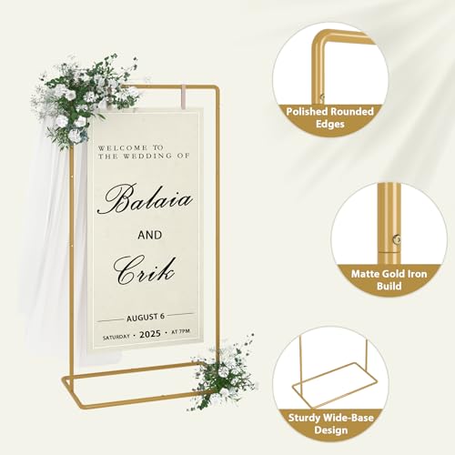 UDEAR Metal Wedding Sign Holder, Elegant Easel Stand Display Frame for Welcome Signs, Seating Charts, Floral Ceremony Decor, Birthday Party Signage, Gold