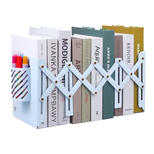 MSDADA Adjustable Bookends, Book Ends for Heavy Books, Expandable Book Organizer with Pen Holder for Desk, Shelf, Office, for 6 7 8 9-15 Boys and Girls, Extends up to 19 inches (Light Blue) - color: Light Blue