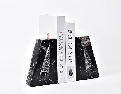 AMOYSTONE 1Pair Heavy Duty Bookend Crystal Quartz Bookends 6-8 LBS Natural Orthoceras Fossil Bookshelf Trapezoid Height 6.2" - color: Black & White B, size: 6-8 Lbs