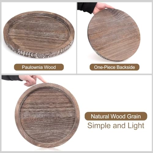 Round Decorative Wooden Serving Trays for Ottoman Coffee Table Tray Farmhouse Kitchen Home Decor Accents Circle Circular Wood Decorations Trays Rustic Dining Table Centerpiece Candle Holder Tray - color: Washedwhite, size: 12"