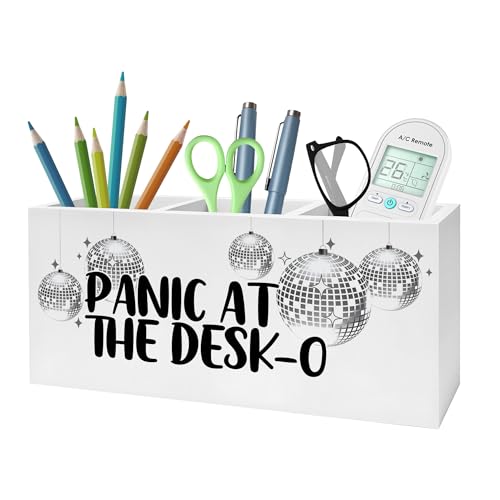 Funny Trendy Disco Ball Pencil Pen Holder for Desks, Panic at the Desk-O Mental Health Wooden Pencil Holder Organizer for Home Office Desk Accessories, Office Humor Gifts for Women - color: Color-Desk accessories white 04