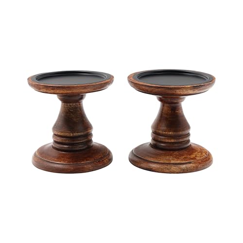 Hosley Set of 2 Brown Wood Pillar Candle Holders 5 Inch High Ideal Gift for Weddings Bridal Party Spa Reiki Meditation Votive LED Pillar Candle Gardens - color: Brown 3