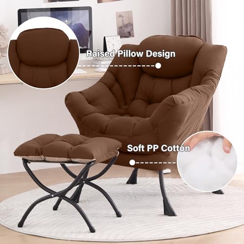 Tiita Lazy Chair with Ottoman, Brown Modern Large Accent Chair, Comfy Leisure Sofa Armchair with Ottoman, Reading Chair with Footrest for Bedroom, Living Room, Dorm Rooms, Brown - color: Peach Skin Brown