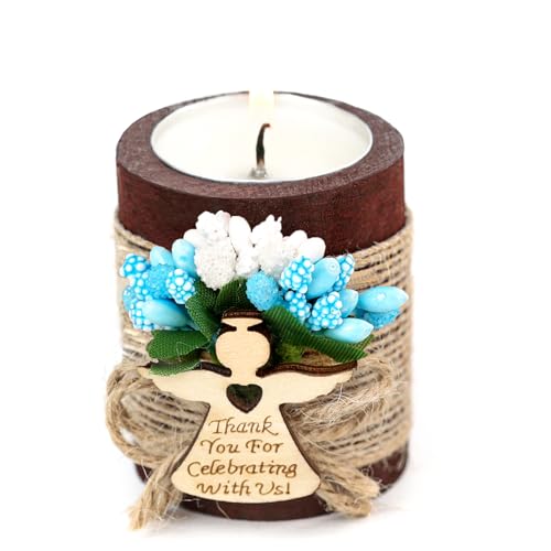 Ju's Favors Wooden Candle Holders Set of 10 for Baptism Favors for Guests, Christening Party Favors. (Dark brown - blue) - color: Dark Brown - Blue