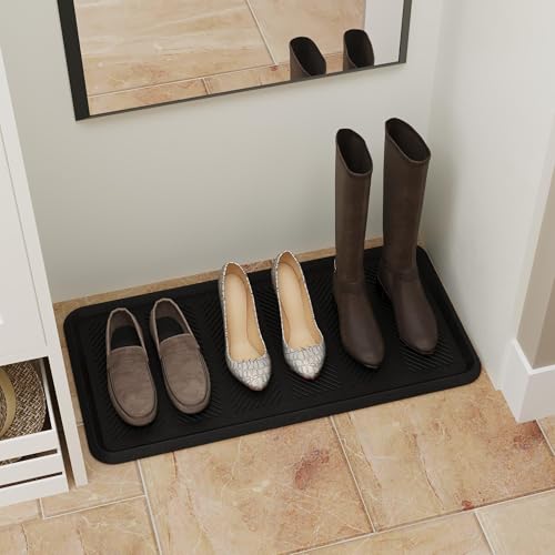Ottomanson Indoor/Outdoor Boot Tray Non-Slip Rubber 16" x 32" Modern Entryway Mat for Entryway, Patio, Backyard, Garage, 16" x 32", Black - color: Black, size: 1'4" x 2'8" (Tray)