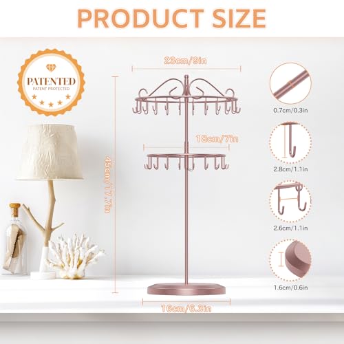 iDavosic.ly 2 Tier Rotating Necklace Holder Organizer with 42 Hooks, Adjustable Metal Bracelet Display Stand Rack, Extra Tall Keychain Spinning Tree Tower for Women, Rose Gold - color: Rose Gold