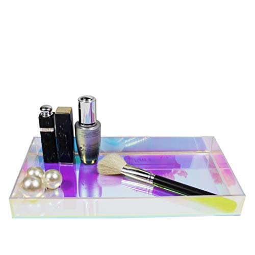 Iridescent Acrylic Tray 10.5" x 5.5", Vanity Tray for Dresser with Non-Slip Base, Small Bathroom Countertop Organizer for Makeup Perfume Jewelry, Cute Aesthetic Gift for Women, Purple