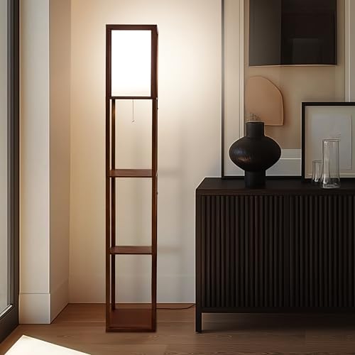 Brightech Maxwell - Modern Shelf Floor Lamp with Lamp Shade & Warm White LED Bulb, Corner Display Floor Lamp with Shelves for Living Room, Bedroom, Nightstand Office, Home Decor Storage - Havana Brown - color: Brown