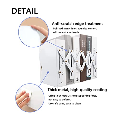 Adjustable Metal Bookends Heavy Duty for Shelves, 2 Dividers, Anti-Slip Design Expandable Book Ends for Desk, Office(White, 19 inches Max) - color: White