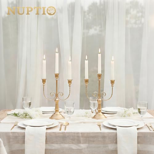 NUPTIO Gold Candlestick Holders for Table: Vintage Candelabra for Taper Candles - 3 Arm Candle Stick Holder Bulk Set of 6 for Birthday Party Fireplace Centerpiece - color: 3-arms Gold, size: 6 Pcs