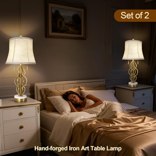 Scenekoy Table Lamp Set of 2 with USB Ports, Pull Chains Switch, 28” Gold Leaf Curved Iron Art Bedside Lamps with Linen Shade for Living Room Bedroom, Nightstand Lamps for Home Room Decor - size: 28 inches Gold Leaf -039