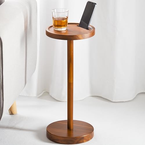 BLUEWEST Drink Table, 22" Tall Compact Side Table with Phone Slot and Weighted Base, Durable Pedestal Table Accent for Living Room, Bedroom, or Office, Cocktail and Martin (1, Acacia) - color: Acacia