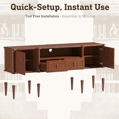 STO'SENSE 63" Pre-Assembled Tv Stand w/Power Outlet, Solid Wood Grain TV Consoles w/2 Cabinets & 2 Drawers, Mid Century Modern Entertainment Center for Living Room, Fits TVs up to 75", Vintage Walnut - color: Vintage Walnut