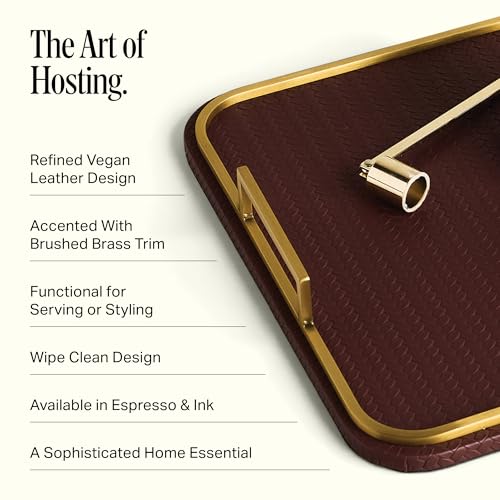 Preston Lane Mayfair Decorative Tray – Vegan Leather with Woven Texture, Brushed Brass Handles – Serving, Dresser & Coffee Table Tray, Espresso - color: Espresso