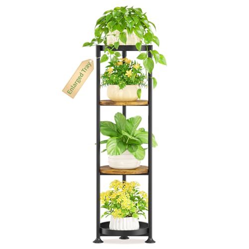 KMOTASUO 4 Tier Black Plant Stand Indoor for Large Tall Heavy Duty Planter, Multiple Sturdy Metal Flower Corner Rack for Narrow House Floor, Iron Vertical Level Round Orchi Holder Organizer, Modern - color: Black + Brown, size: 4 Tier
