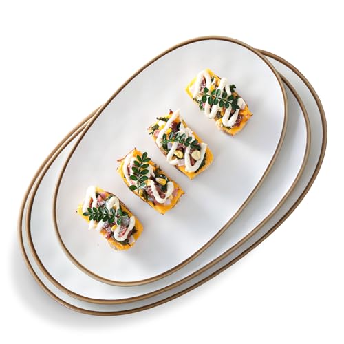 Ceramic Oval Serving Platter with Brown Rim: 15.6/14.3/12.9 Inch Large Serving Dishes for Entertaining Party, Turkey, Steak, Ham, Microwave Dishwasher Safe - color: White, size: Oval