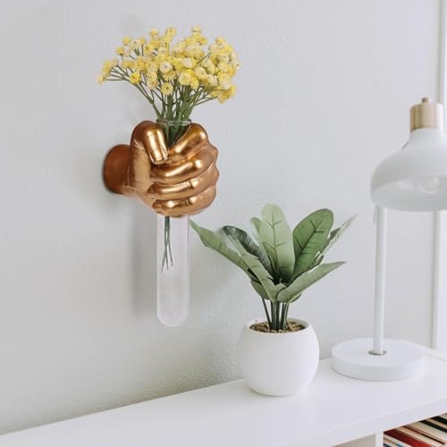 Gold Wall Sculptures, Hand Vases Home Decor, Wall Mount Art Sculpture, Unique Wall Art Statue, Funky Flower Vase Decorations, Modern Eclectic Hanging Decor,Glass Test Tube Vase - color: Gold