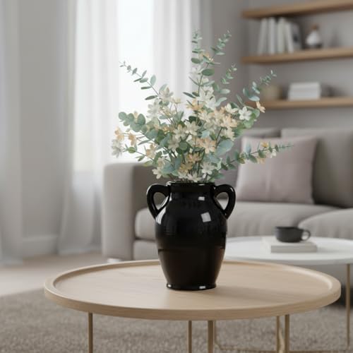 Sunddo Black Ceramic Vase - 8 Inch Modern Decorative Vase with 2 Handles, Black Centerpiece for Home Decor, Living Room, Kitchen Table, Mantle Fireplace, Bathroom Decor - color: Black - 8, size: 8 Inch
