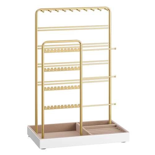 SONGMICS Necklace Holder, Jewelry Stand Holder Organizer, Jewelry Display with Metal Frame, Velvet Tray, Earring Bracelet Holder, for Gift Idea, 5.5 x 9.4 x 14.1 inch, Pale Gold UJJS028A01 - color: Pale Gold, size: 5.5"D x 9.4"W x 14.1"H